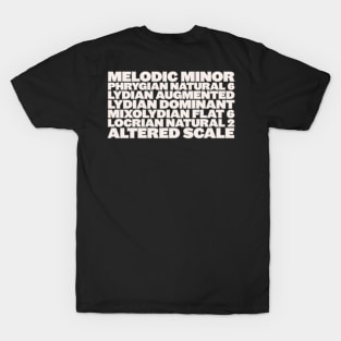 Music Theory Melodic Minor Modes Jazz Musician T-Shirt, Guitar Sax Piano Bass Drum Player Tee, Gift Shirt , Music Teacher Student Present T-Shirt